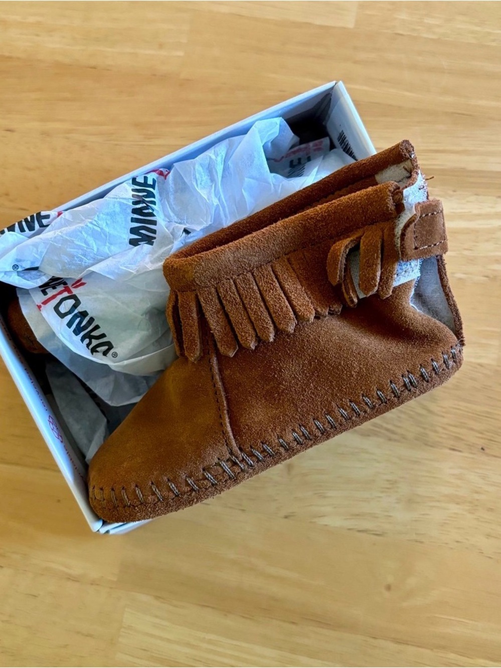 Minnetonka Brown Suede Fringe Kids Moccasin